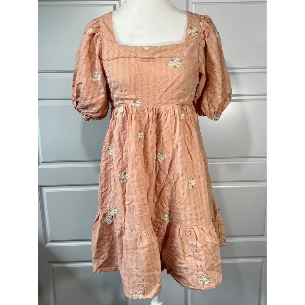 In Loom Women's Dress Pink Floral Embroidered Square Neck Cottagecore Small